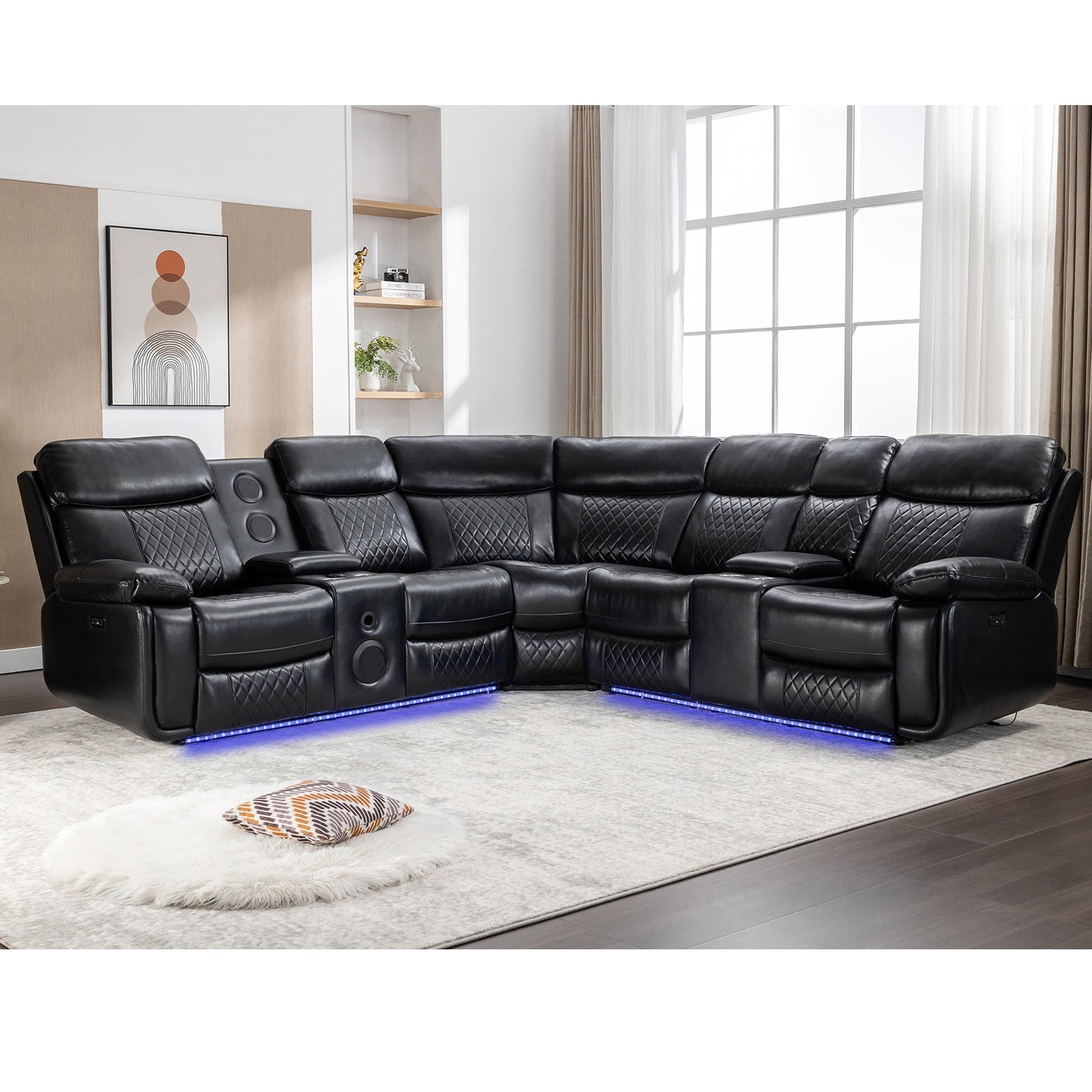 Living Room Power Recliner Couches with Bass Speaker, Leather L Shaped Reclining Sectional Sofa and Loveseat Seating Comfy Couch, LED Strip, USB Port, Home Theater Love Seat Sets