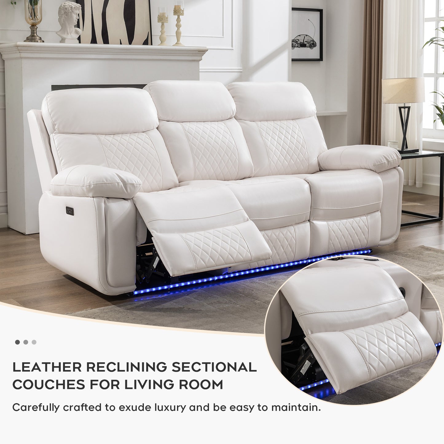 Living Room Power Recliner Couches with Bass Speaker, Leather L Shaped Reclining Sectional Sofa and Loveseat Seating Comfy Couch, LED Strip, USB Port, Home Theater Love Seat Sets