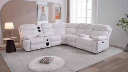 Living Room Power Recliner Couches with Bass Speaker, Leather L Shaped Reclining Sectional Sofa and Loveseat Seating Comfy Couch, LED Strip, USB Port, Home Theater Love Seat Sets