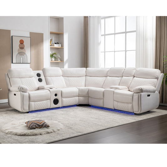 Living Room Power Recliner Couches with Bass Speaker, Leather L Shaped Reclining Sectional Sofa and Loveseat Seating Comfy Couch, LED Strip, USB Port, Home Theater Love Seat Sets