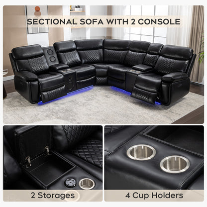 Living Room Power Recliner Couches with Bass Speaker, Leather L Shaped Reclining Sectional Sofa and Loveseat Seating Comfy Couch, LED Strip, USB Port, Home Theater Love Seat Sets