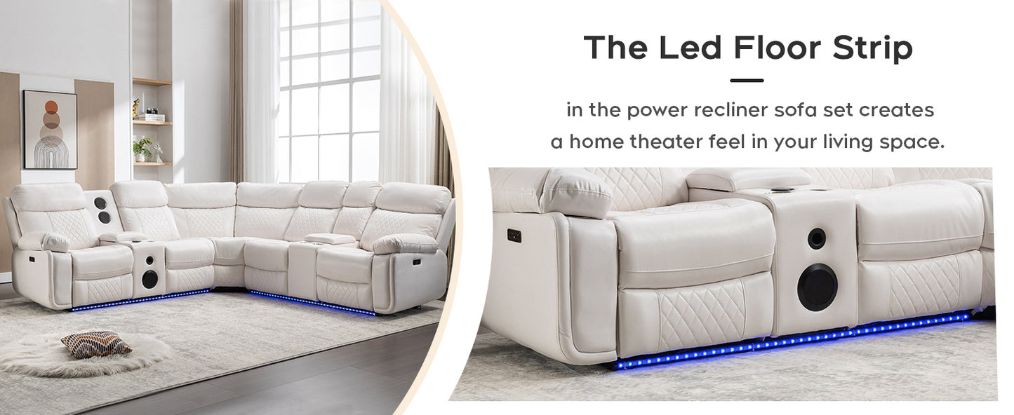 Living Room Power Recliner Couches with Bass Speaker, Leather L Shaped Reclining Sectional Sofa and Loveseat Seating Comfy Couch, LED Strip, USB Port, Home Theater Love Seat Sets
