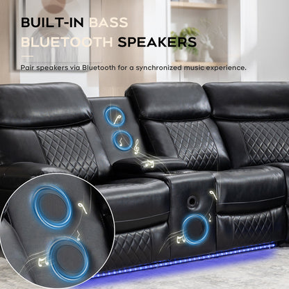 Living Room Power Recliner Couches with Bass Speaker, Leather L Shaped Reclining Sectional Sofa and Loveseat Seating Comfy Couch, LED Strip, USB Port, Home Theater Love Seat Sets