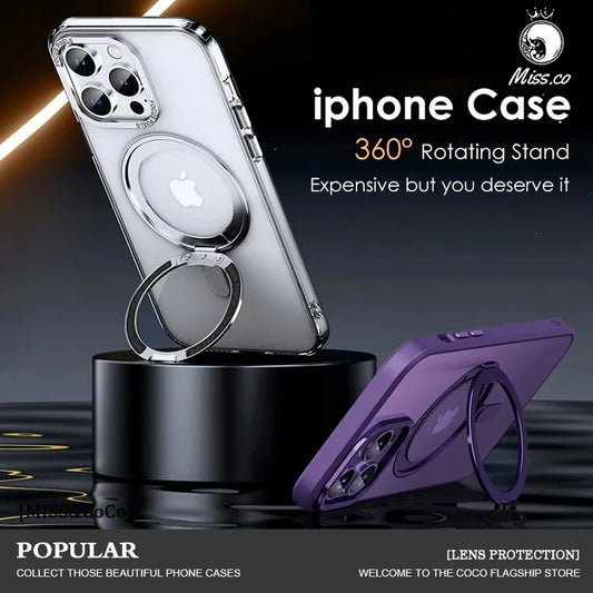 Phone Case For iphone 12 13 14 15 16 17 Pro Max Plus With Magnetic 360°Rotation Stand And Ring Holder Frosted Transparent Case Funda