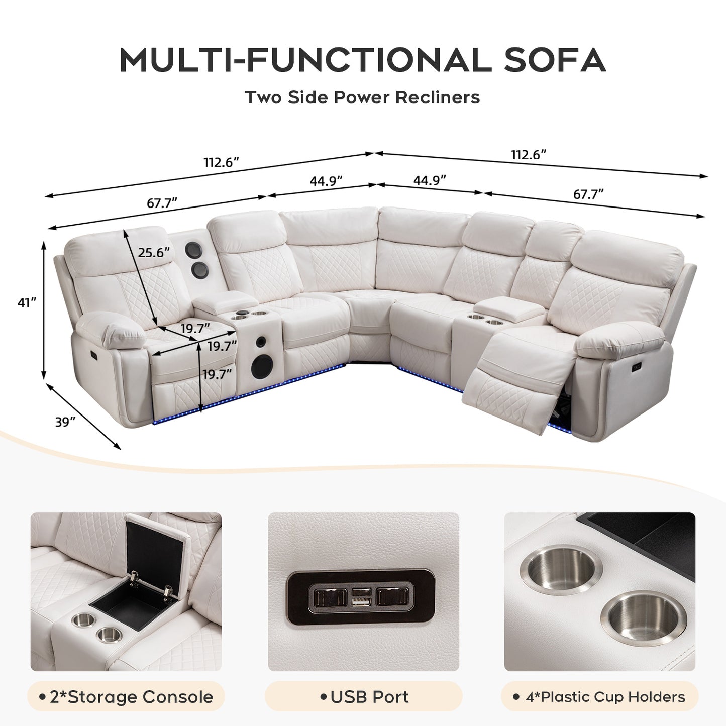 Living Room Power Recliner Couches with Bass Speaker, Leather L Shaped Reclining Sectional Sofa and Loveseat Seating Comfy Couch, LED Strip, USB Port, Home Theater Love Seat Sets