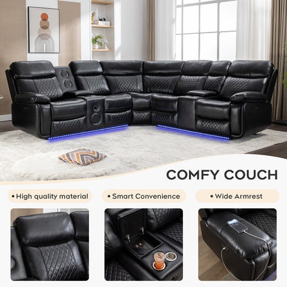 Living Room Power Recliner Couches with Bass Speaker, Leather L Shaped Reclining Sectional Sofa and Loveseat Seating Comfy Couch, LED Strip, USB Port, Home Theater Love Seat Sets